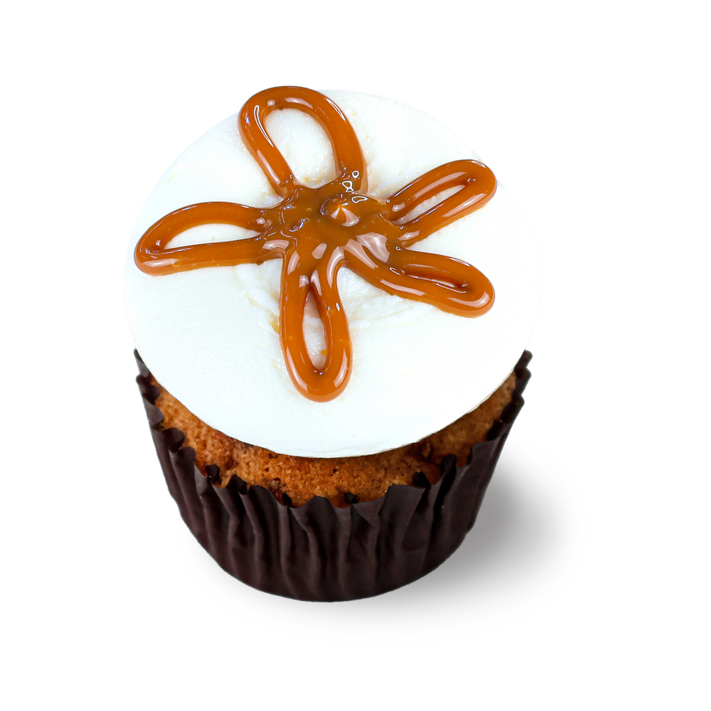 Apple cupcake with cream cheese frosting and caramel drizzle