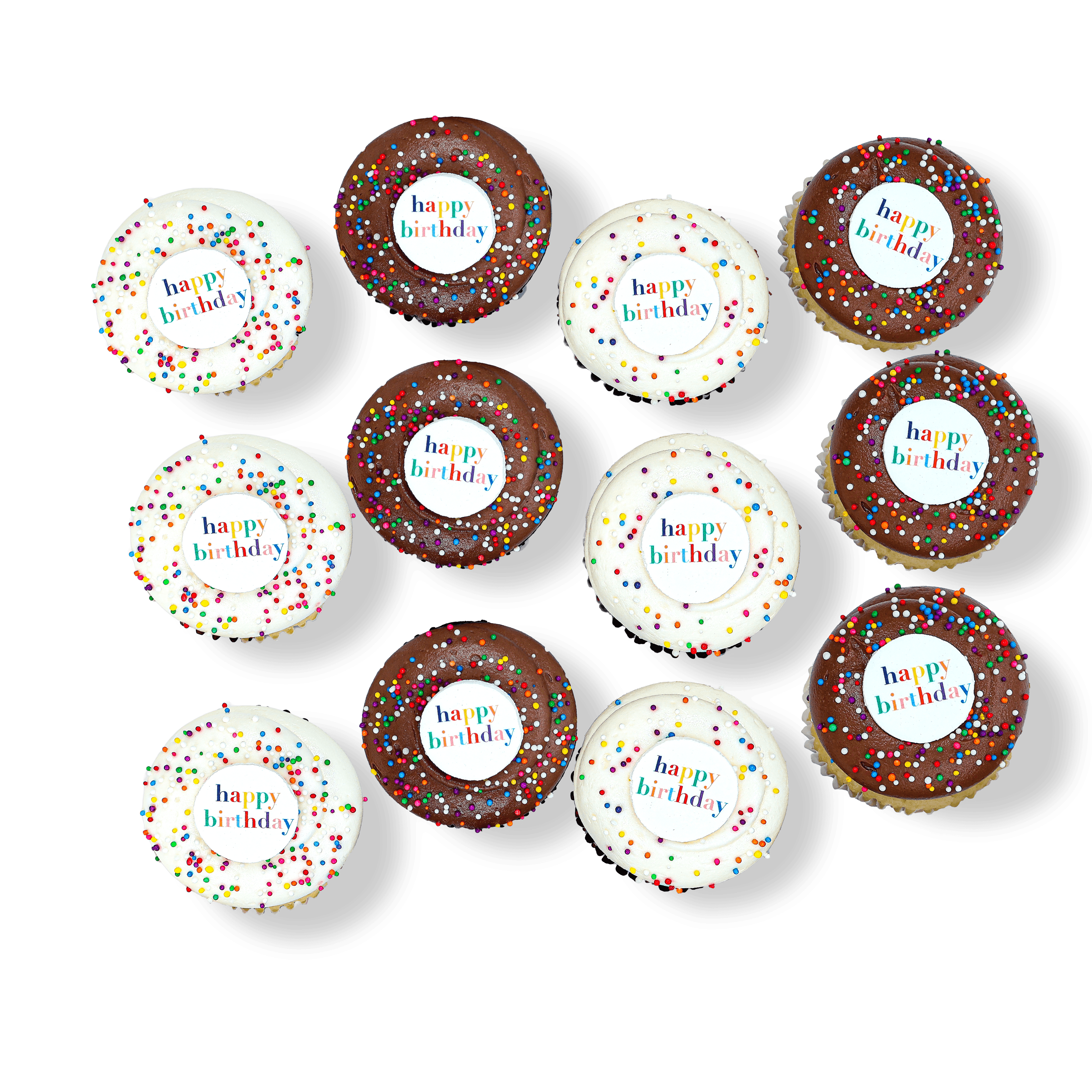 Birthday cupcakes with white and chocolate frosting, sprinkles, and “Happy Birthday” toppers