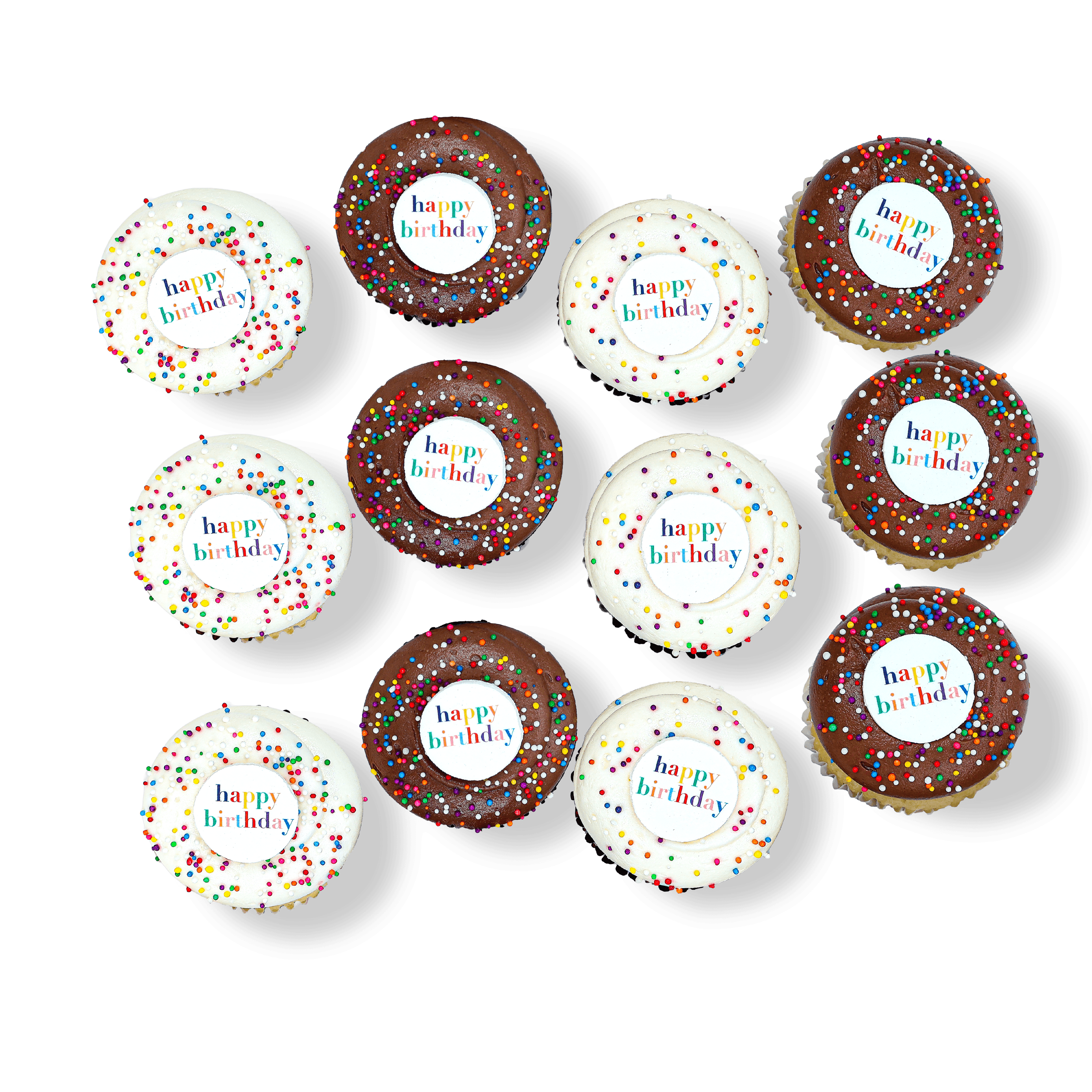 Birthday cupcakes with white and chocolate frosting, sprinkles, and “Happy Birthday” toppers