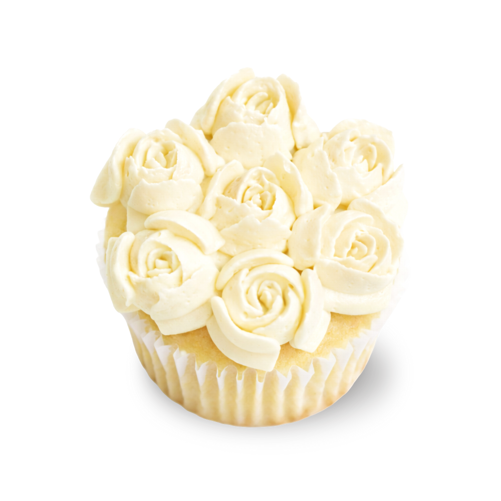 Lemon elderflower cupcake shaped like a buttercream rose