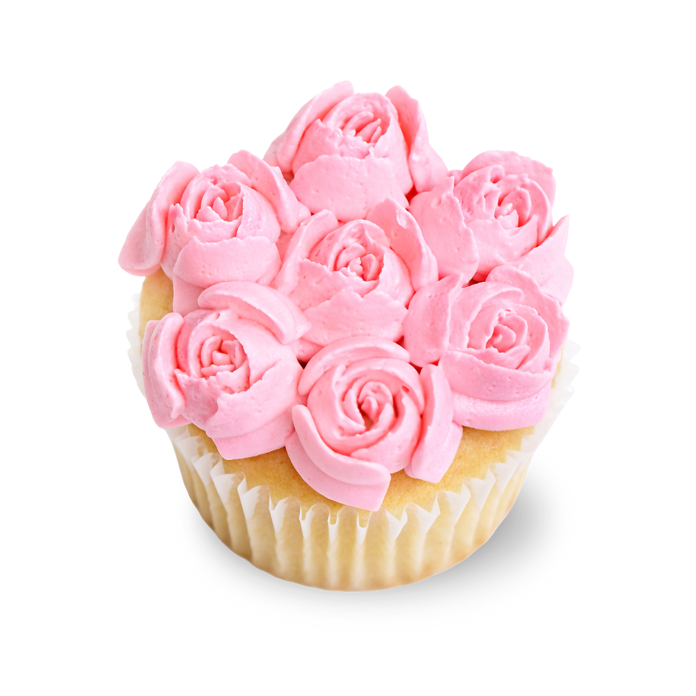 Vanilla cupcake with pink buttercream rose bouquet design