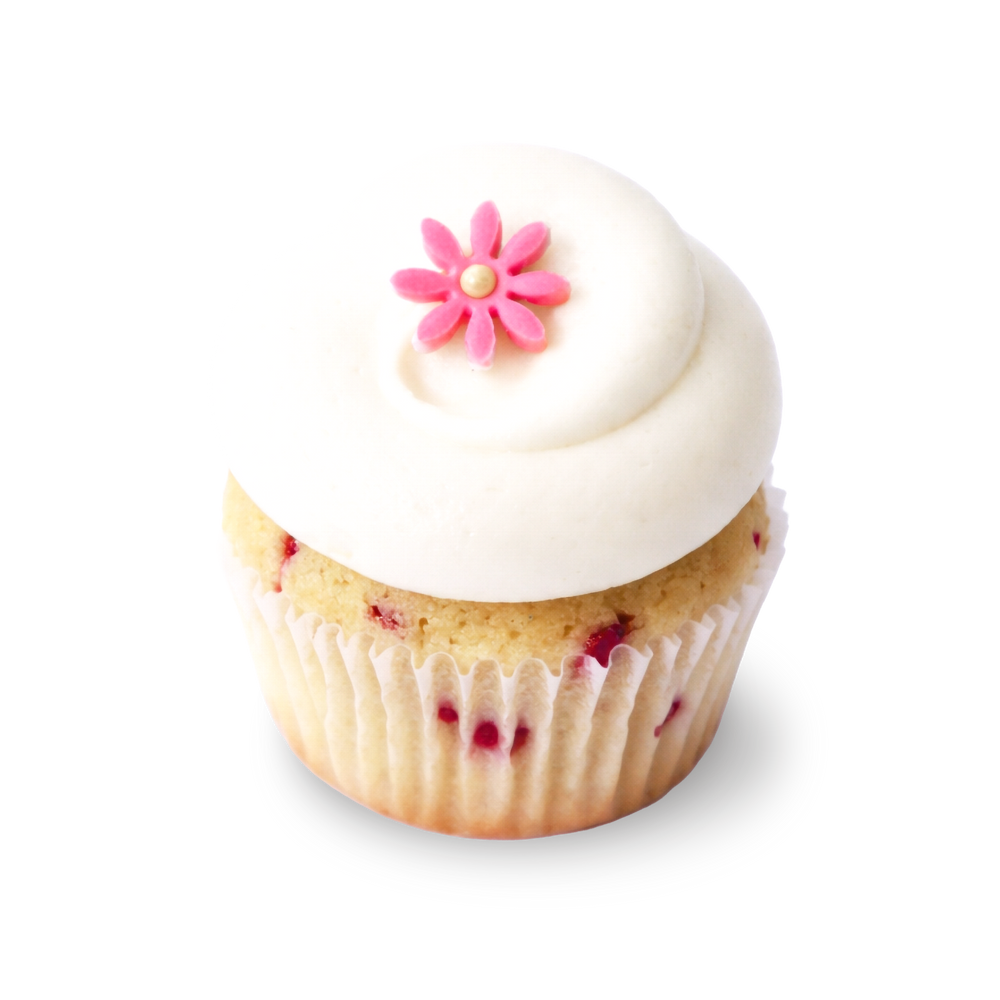 White chocolate raspberry cupcake with white frosting and pink flower